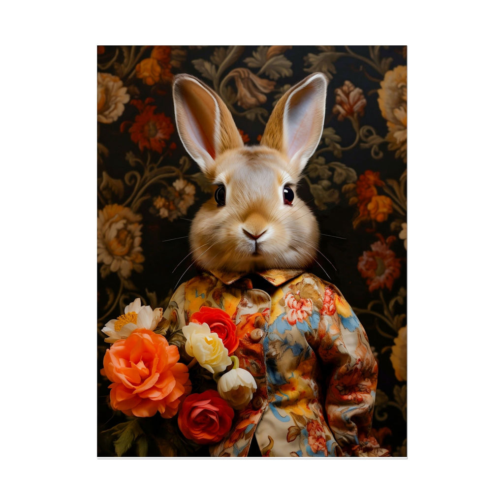 Victorian Bunny Portrait Floral Holding Flowers Art Print