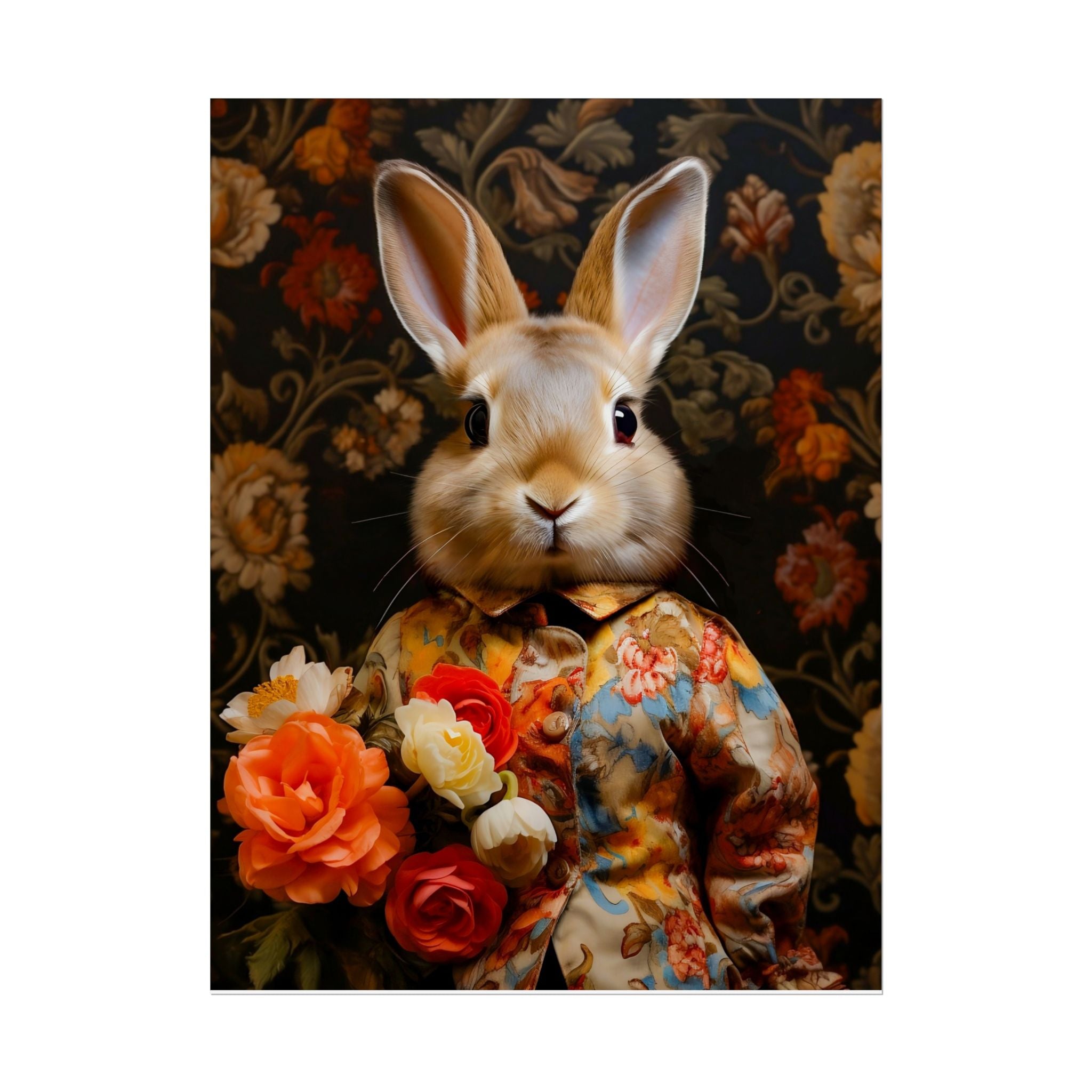 Victorian Bunny Portrait Floral Holding Flowers Art Print