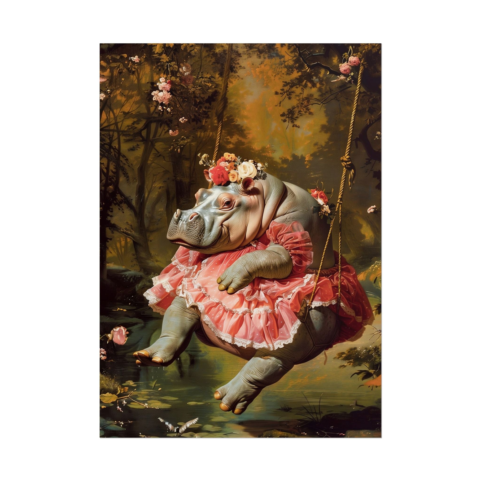 Lady Hippo on Swing | Rococo Style Fine Art Print (Rolled)
