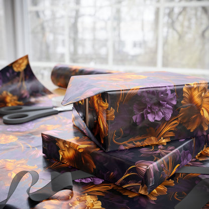 Moody Blooms Wrapping Paper – Dark, Luxurious Purple & Gold Floral Elegance