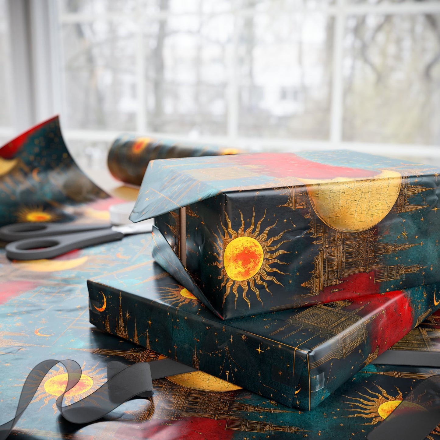 Sun and Moon Wrapping Paper – Rich Reds, Blues, and Gold Floating Architecture for All Occasions