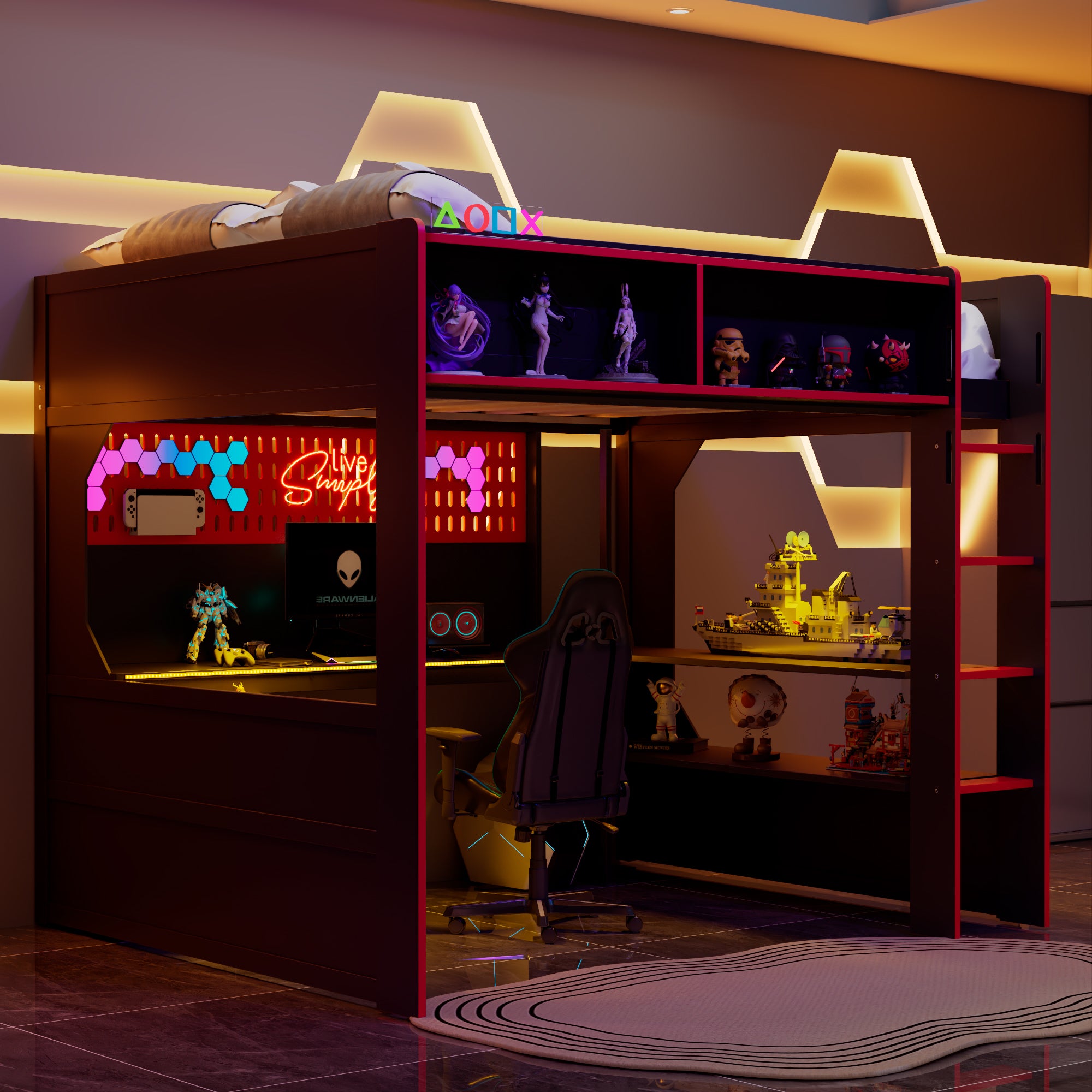 Gaming Loft Bed Full Size, Black and Red, Desk and Lights, Charging Station