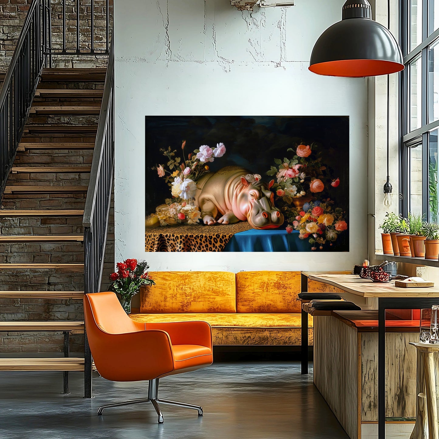 Whimsical Hippo Canvas Art, Tranquil Home Decor Fine Art Print, Animal Wall Art, Unique Gift, Floral Decor, Cheetah Print