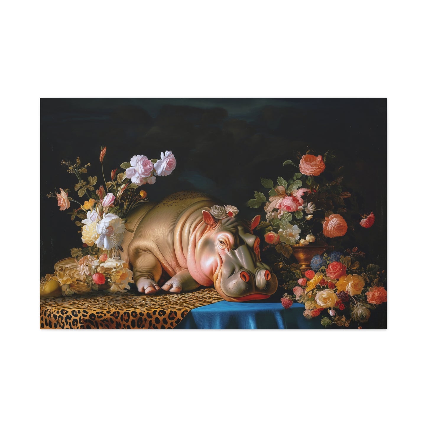 Whimsical Hippo Canvas Art, Tranquil Home Decor Fine Art Print, Animal Wall Art, Unique Gift, Floral Decor, Cheetah Print