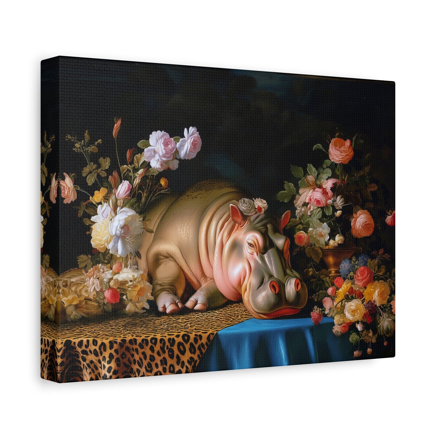 Whimsical Hippo Canvas Art, Tranquil Home Decor Fine Art Print, Animal Wall Art, Unique Gift, Floral Decor, Cheetah Print