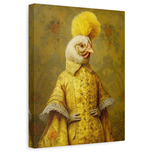 A yellow chicken wearing Victorian attire has her hands on her hips. 