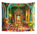 A colorful tapestry featuring a whimsical animal tea party scene with characters sitting at a table.