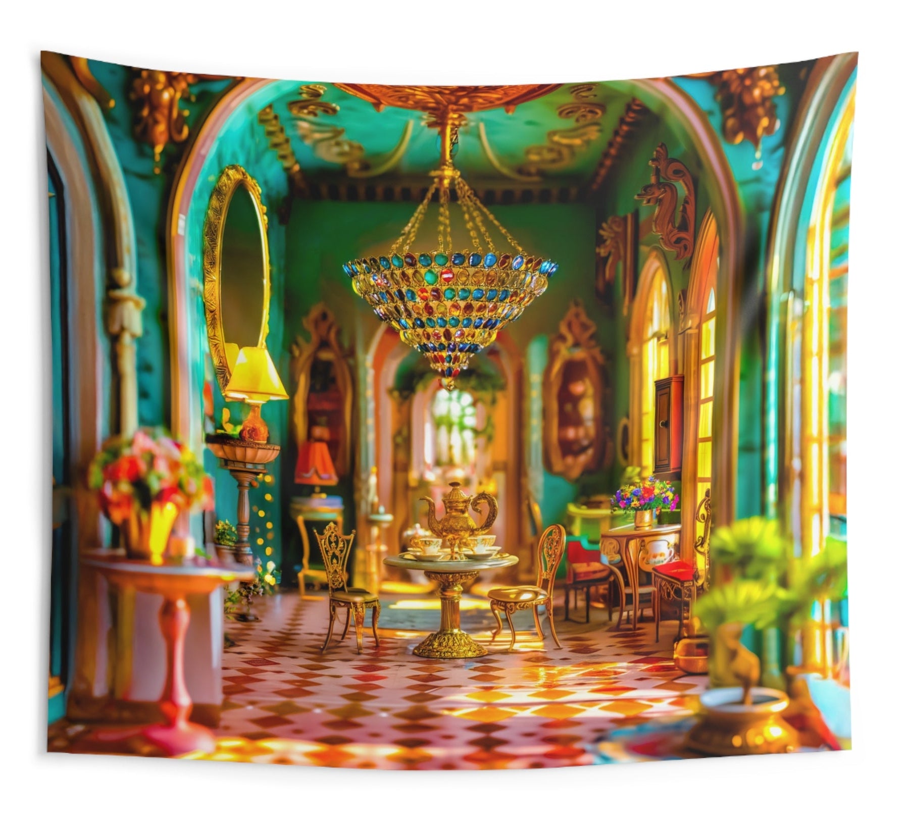 A colorful tapestry featuring a whimsical animal tea party scene with characters sitting at a table.