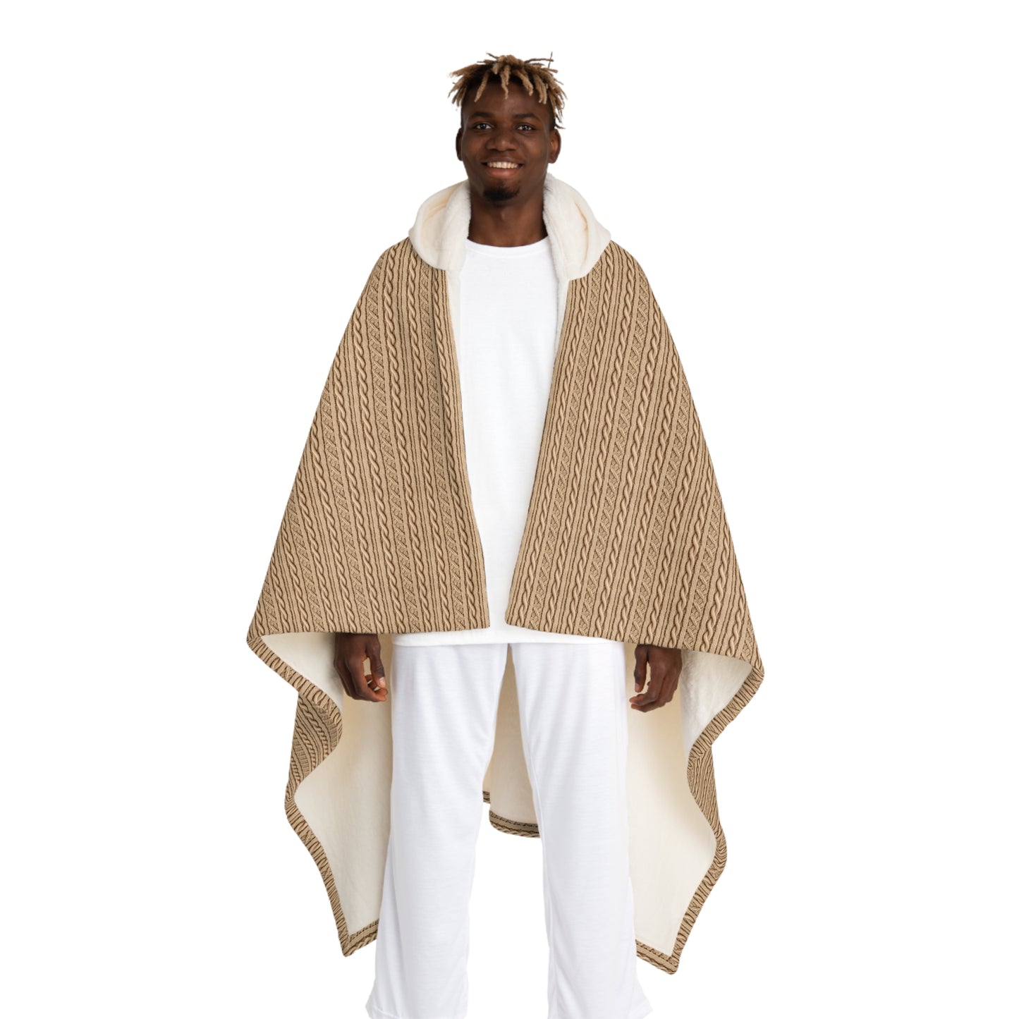 Hooded Sherpa Blanket | Soft Faux Cable Knit Pattern, Tan