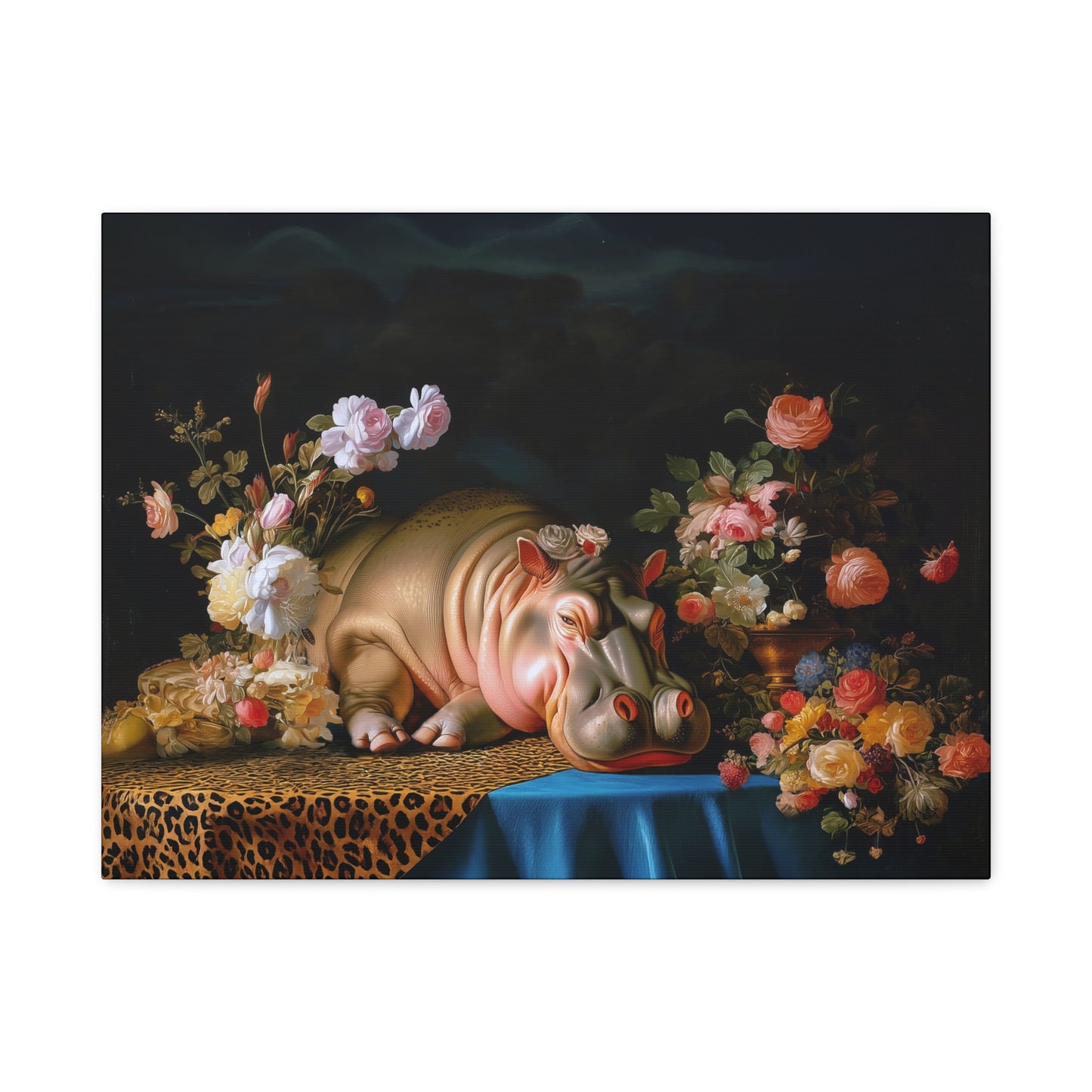 Whimsical Hippo Canvas Art, Tranquil Home Decor Fine Art Print, Animal Wall Art, Unique Gift, Floral Decor, Cheetah Print