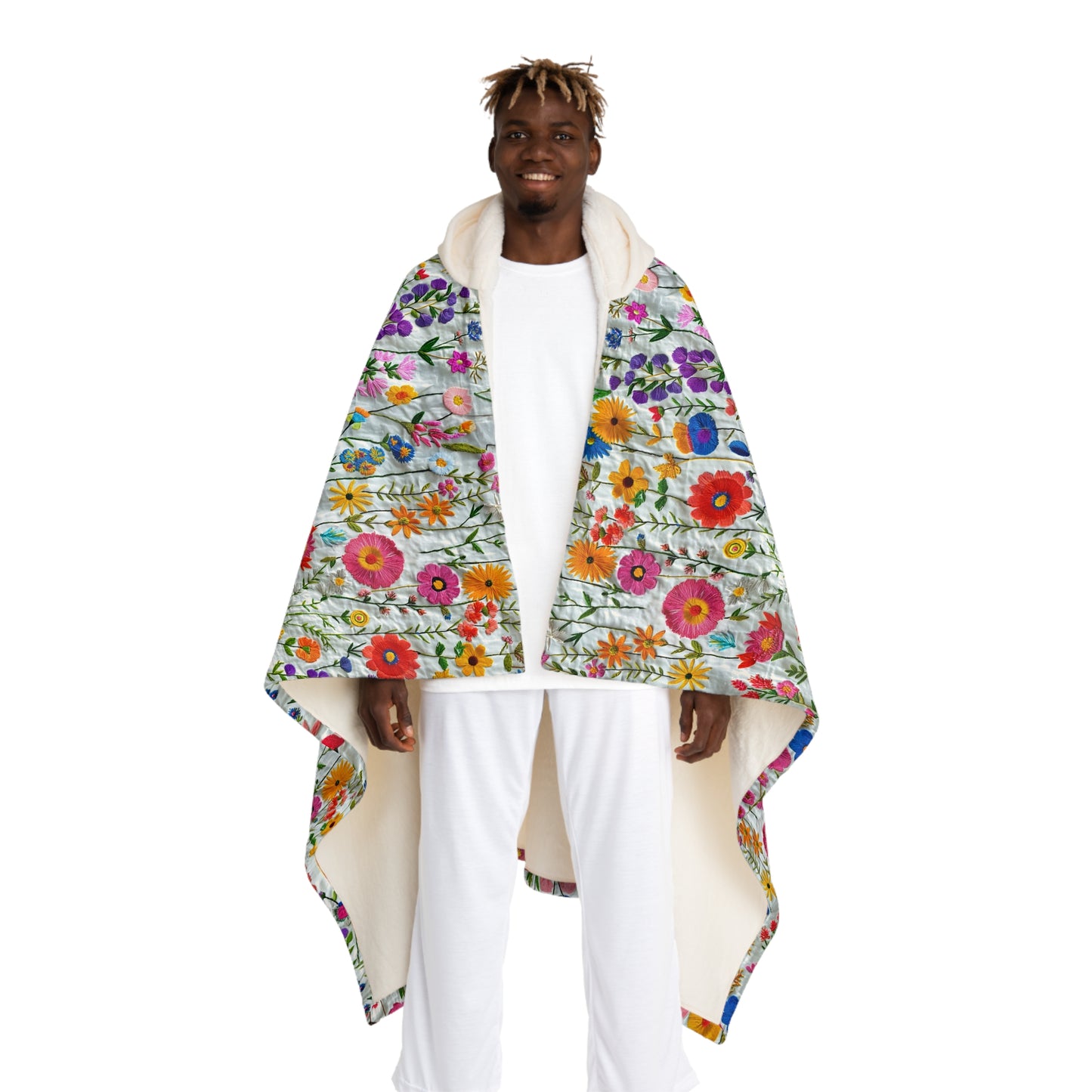 Cable Knit Hooded Sherpa Blanket | Faux Embroidery Flowers