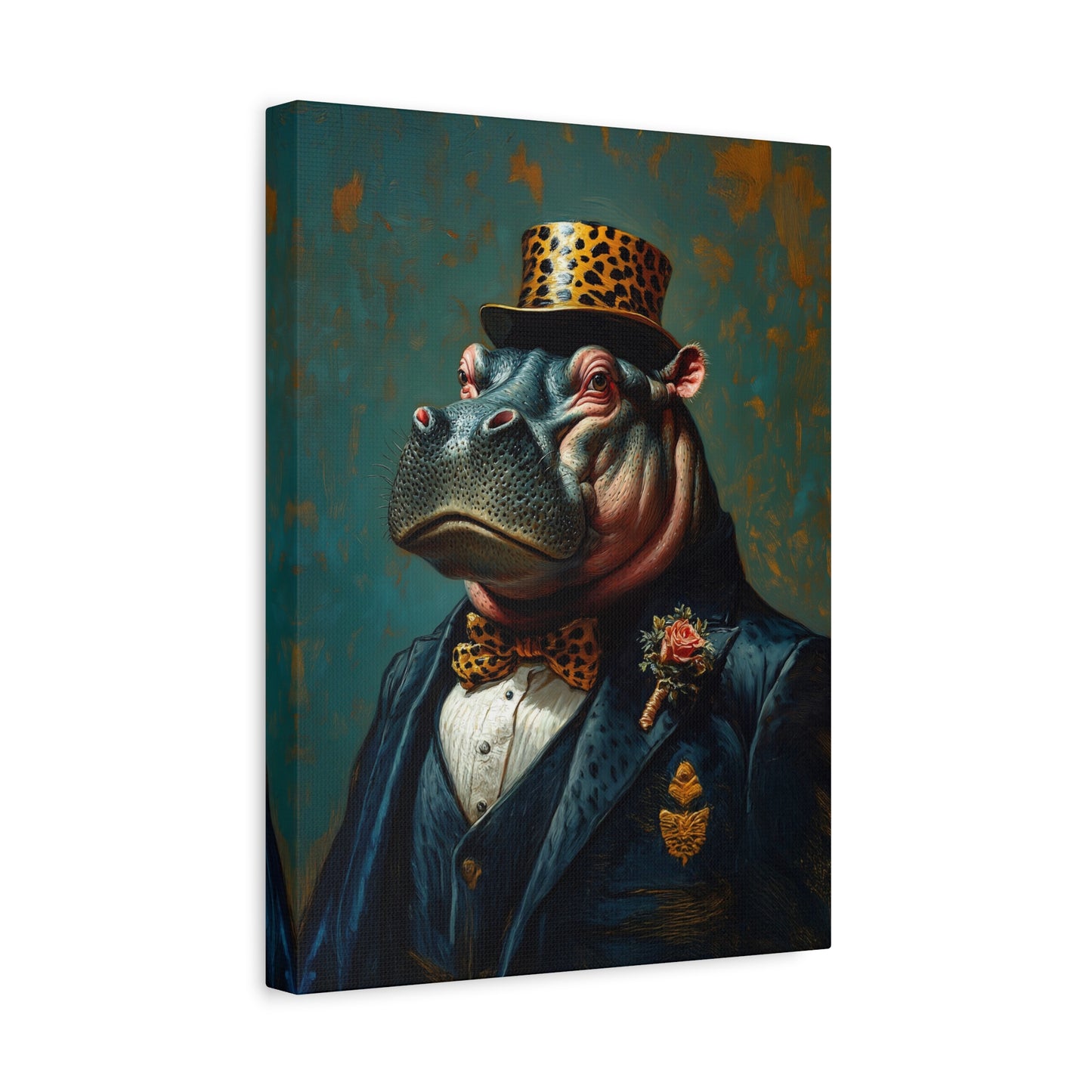 Dapper Hippo Canvas Art Print | Giclée Portrait of Hippo in Bow Tie & Top Hat | Whimsical Decor