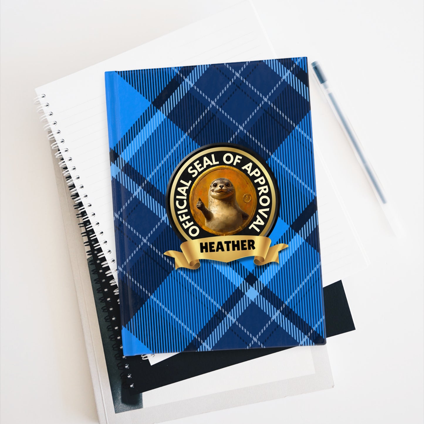 Custom Name "Seal of Approval" Journal Blue Plaid | Personalized Funny Pun Hardcover Notebook | All Ages Gift Diary