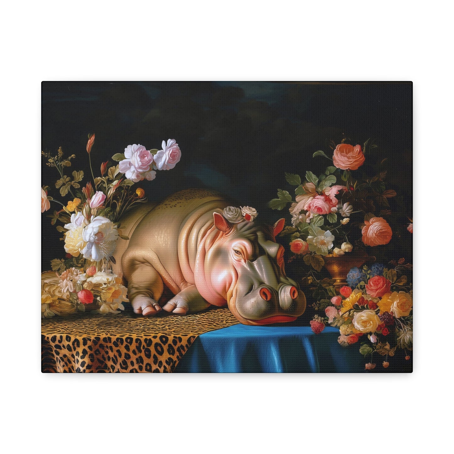 Whimsical Hippo Canvas Art, Tranquil Home Decor Fine Art Print, Animal Wall Art, Unique Gift, Floral Decor, Cheetah Print