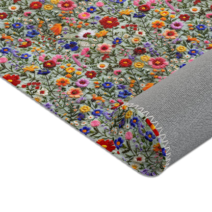 Faux Embroidered Flowers on Linen Area Rugs