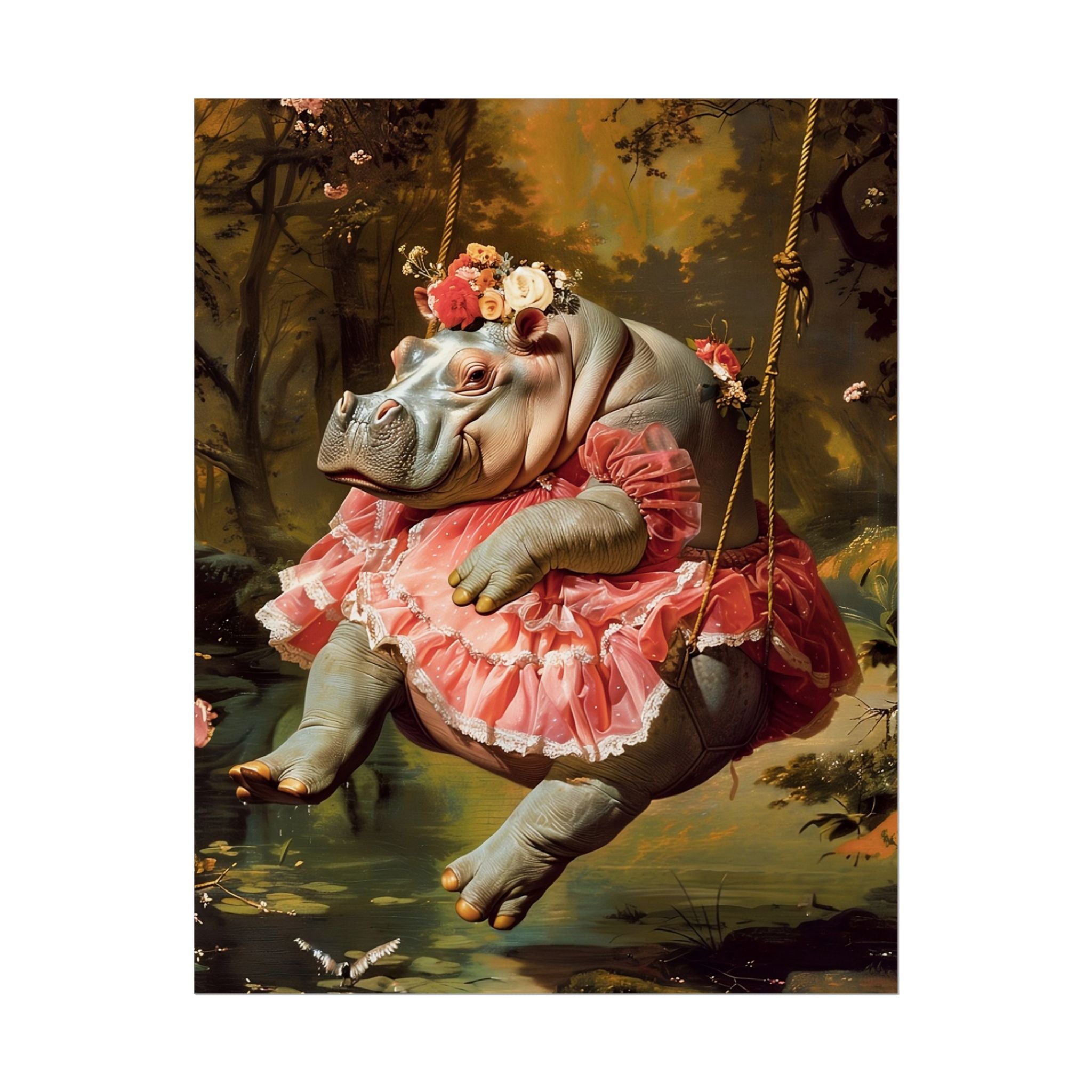 Lady Hippo on Swing | Rococo Style Fine Art Print (Rolled)