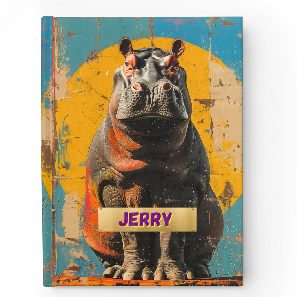 A personalized hardcover journal with a colorful illustration of a hippopotamus on the front cover, with the name 'JERRY' printed on it.