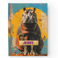 A personalized hardcover journal with a colorful illustration of a hippopotamus on the front cover, with the name 'JERRY' printed on it.