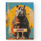 A personalized hardcover journal with a colorful illustration of a hippopotamus on the front cover, with the name 'JERRY' printed on it.