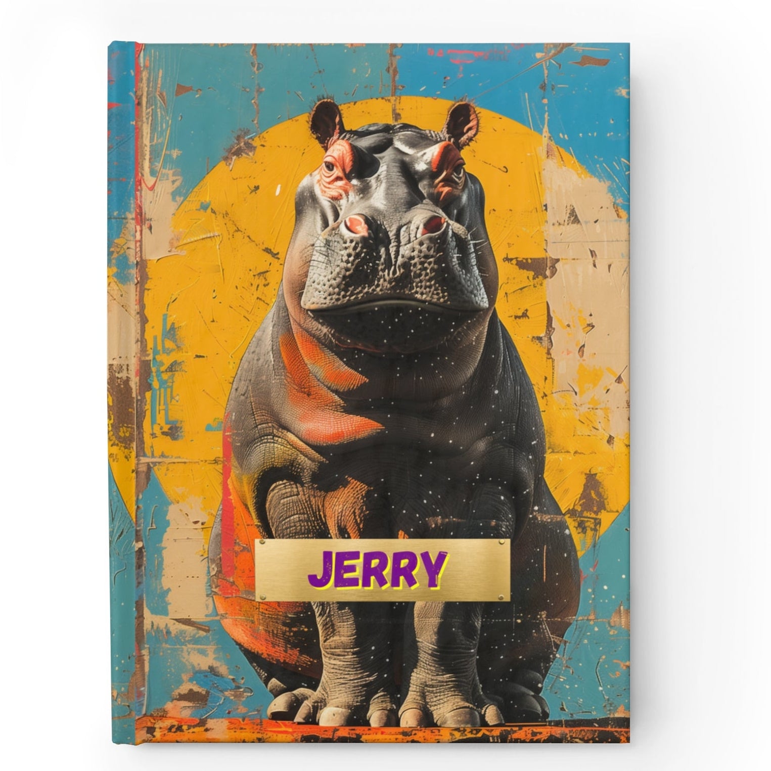 A personalized hardcover journal with a colorful illustration of a hippopotamus on the front cover, with the name 'JERRY' printed on it.