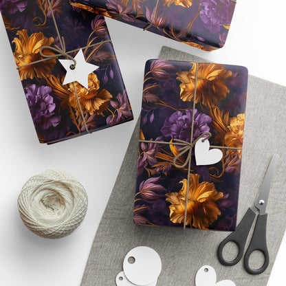 Moody Blooms Wrapping Paper – Dark, Luxurious Purple & Gold Floral Elegance