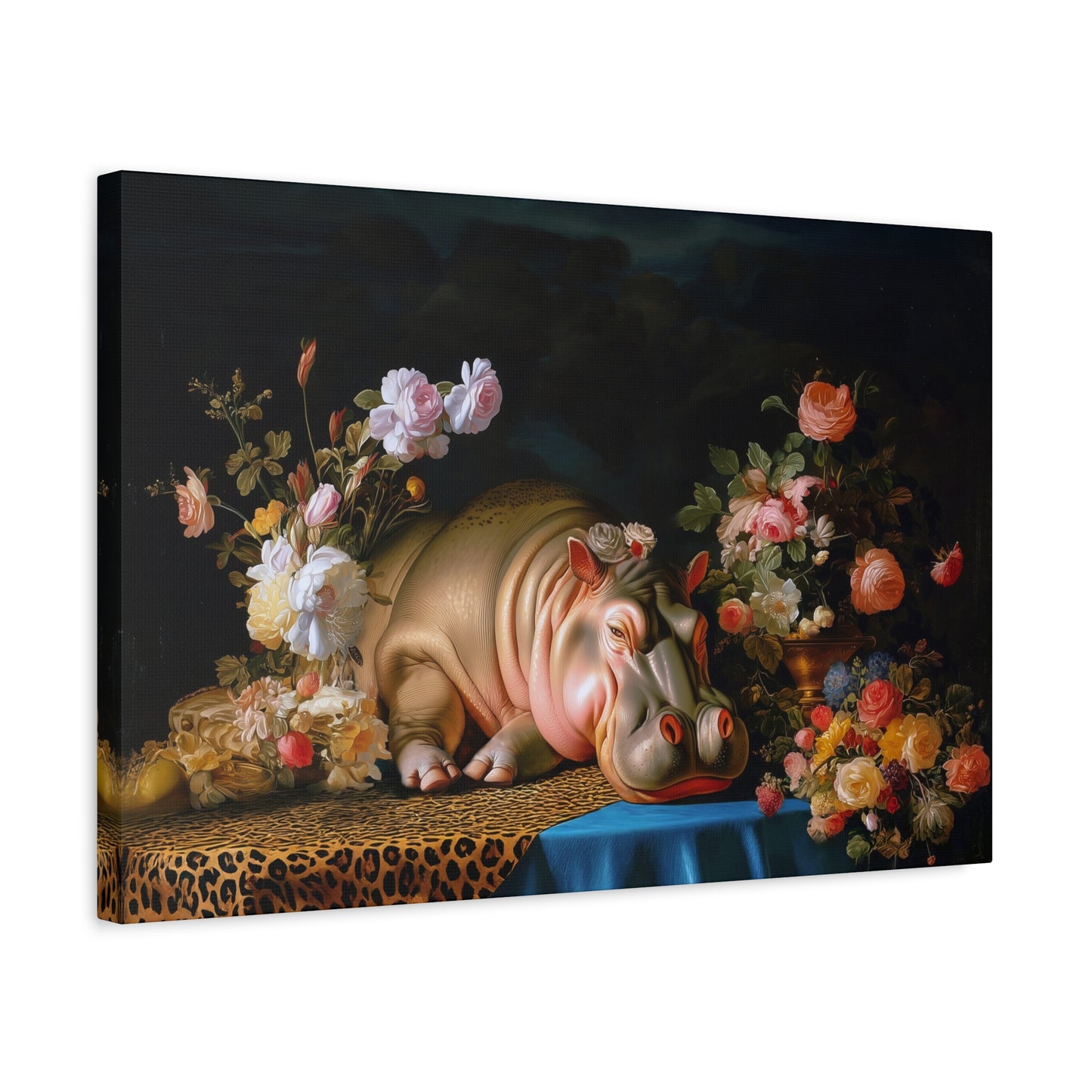 Whimsical Hippo Canvas Art, Tranquil Home Decor Fine Art Print, Animal Wall Art, Unique Gift, Floral Decor, Cheetah Print