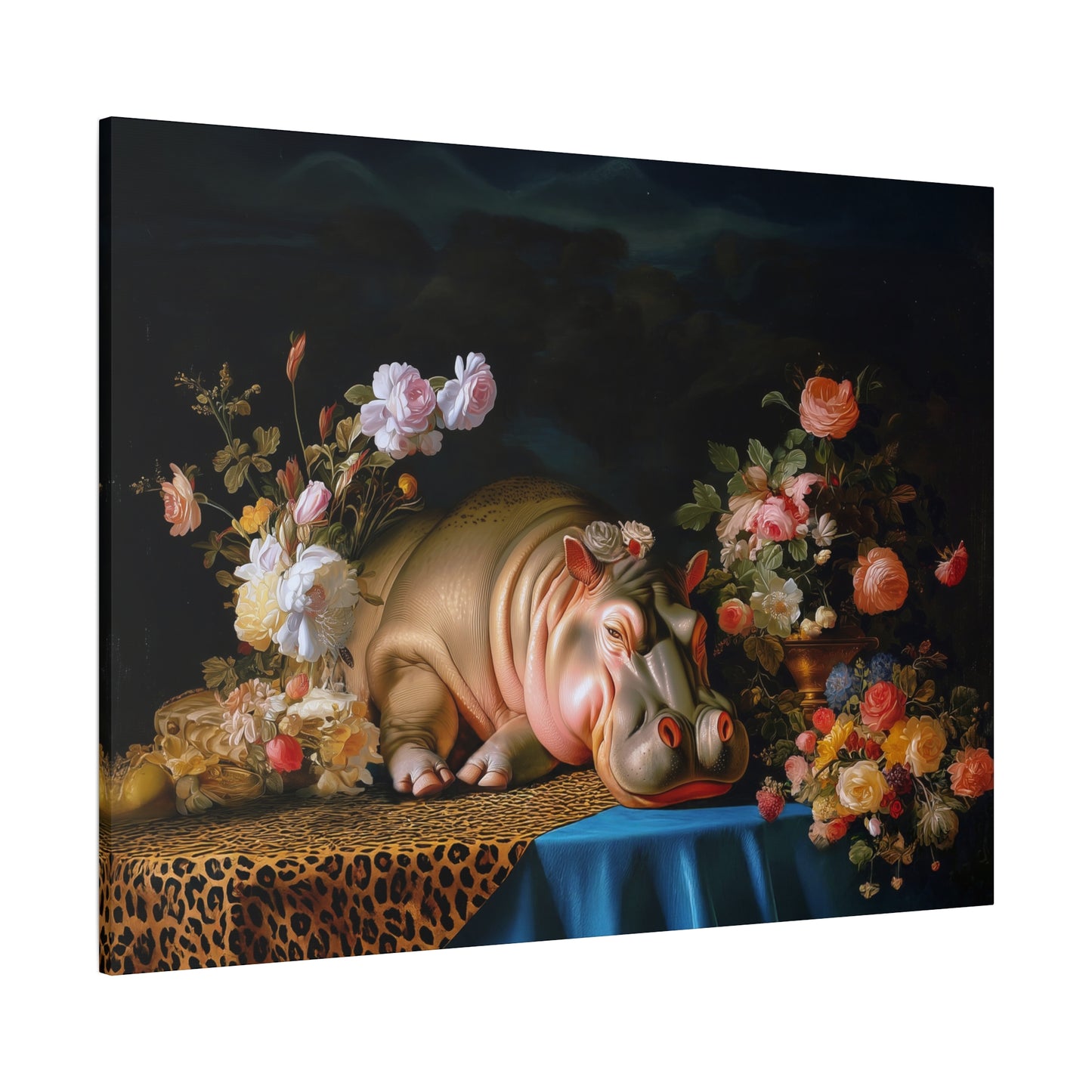 Whimsical Hippo Canvas Art, Tranquil Home Decor Fine Art Print, Animal Wall Art, Unique Gift, Floral Decor, Cheetah Print