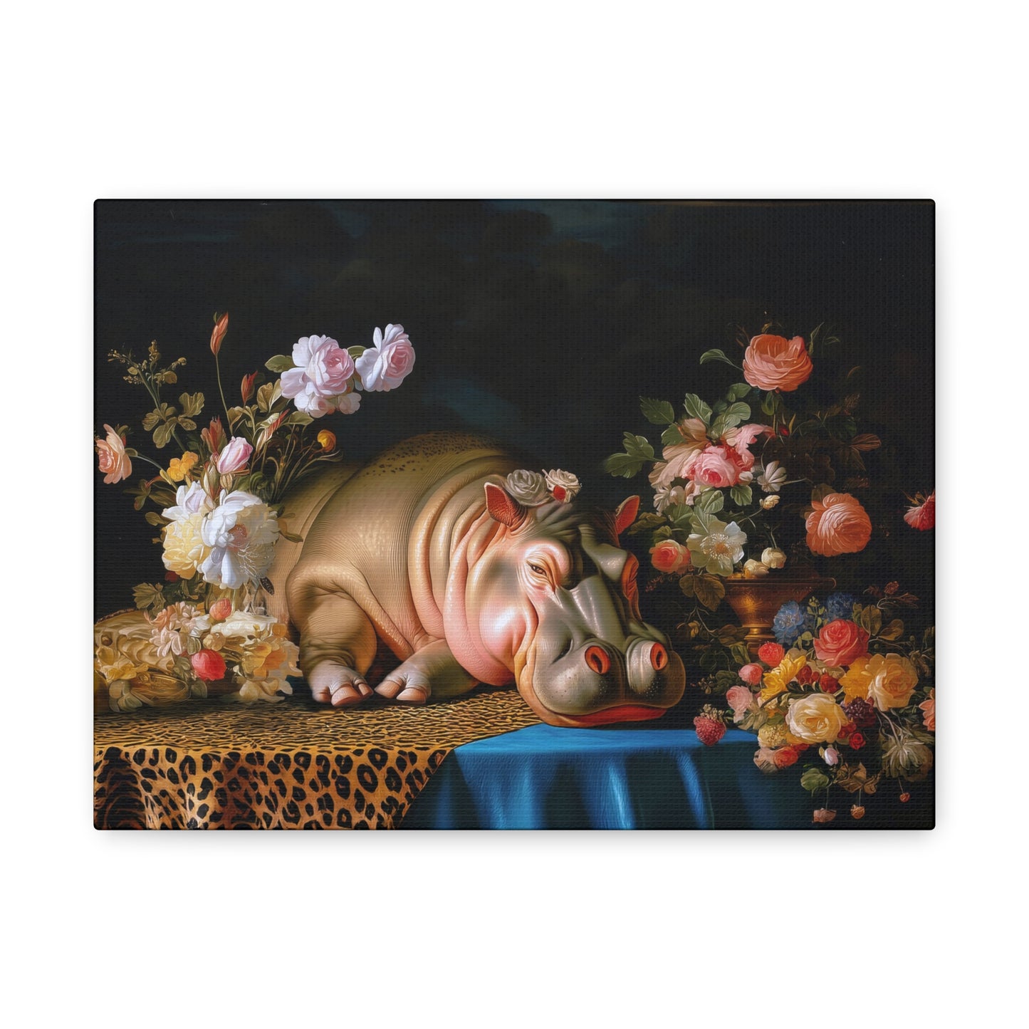 Whimsical Hippo Canvas Art, Tranquil Home Decor Fine Art Print, Animal Wall Art, Unique Gift, Floral Decor, Cheetah Print