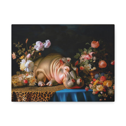 Whimsical Hippo Canvas Art, Tranquil Home Decor Fine Art Print, Animal Wall Art, Unique Gift, Floral Decor, Cheetah Print