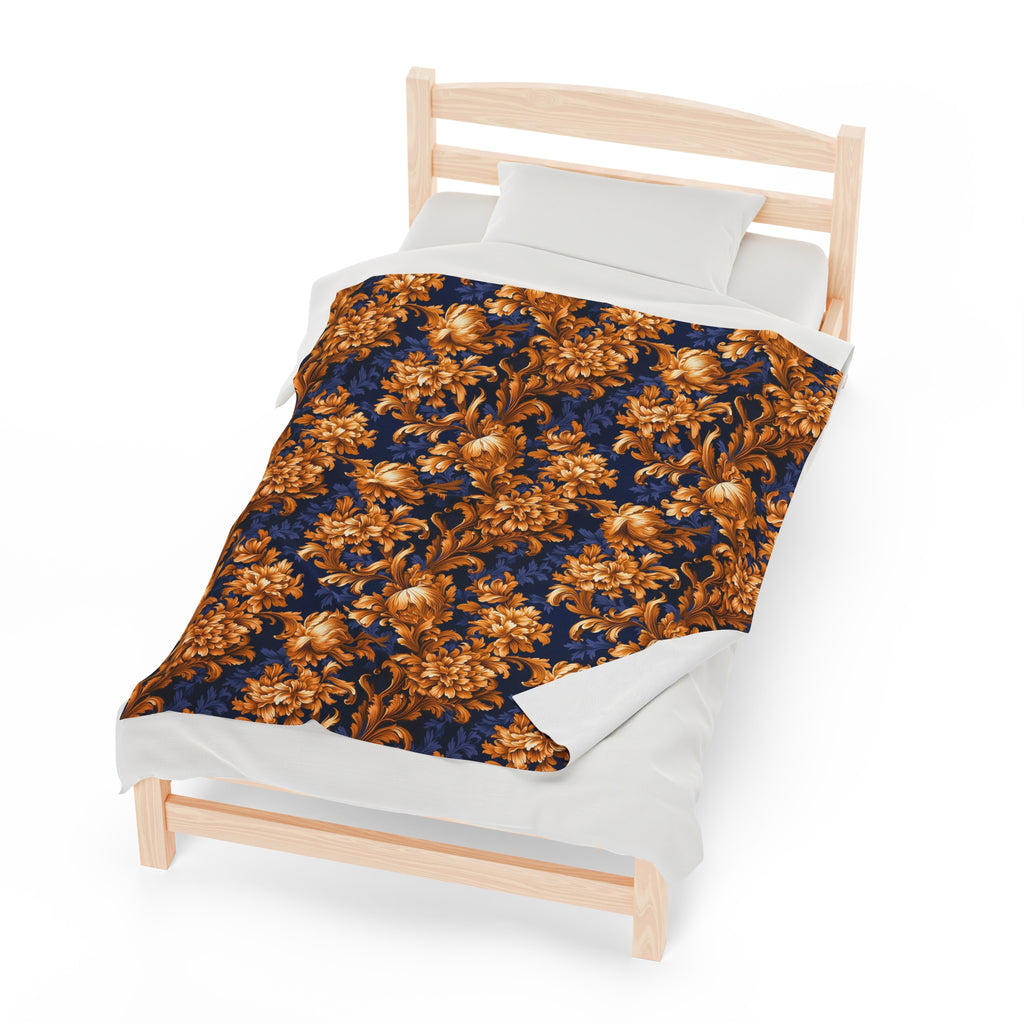 Velveteen Plush Blanket | Gold & Navy Flowers | Baroque Floral Throw Blanket