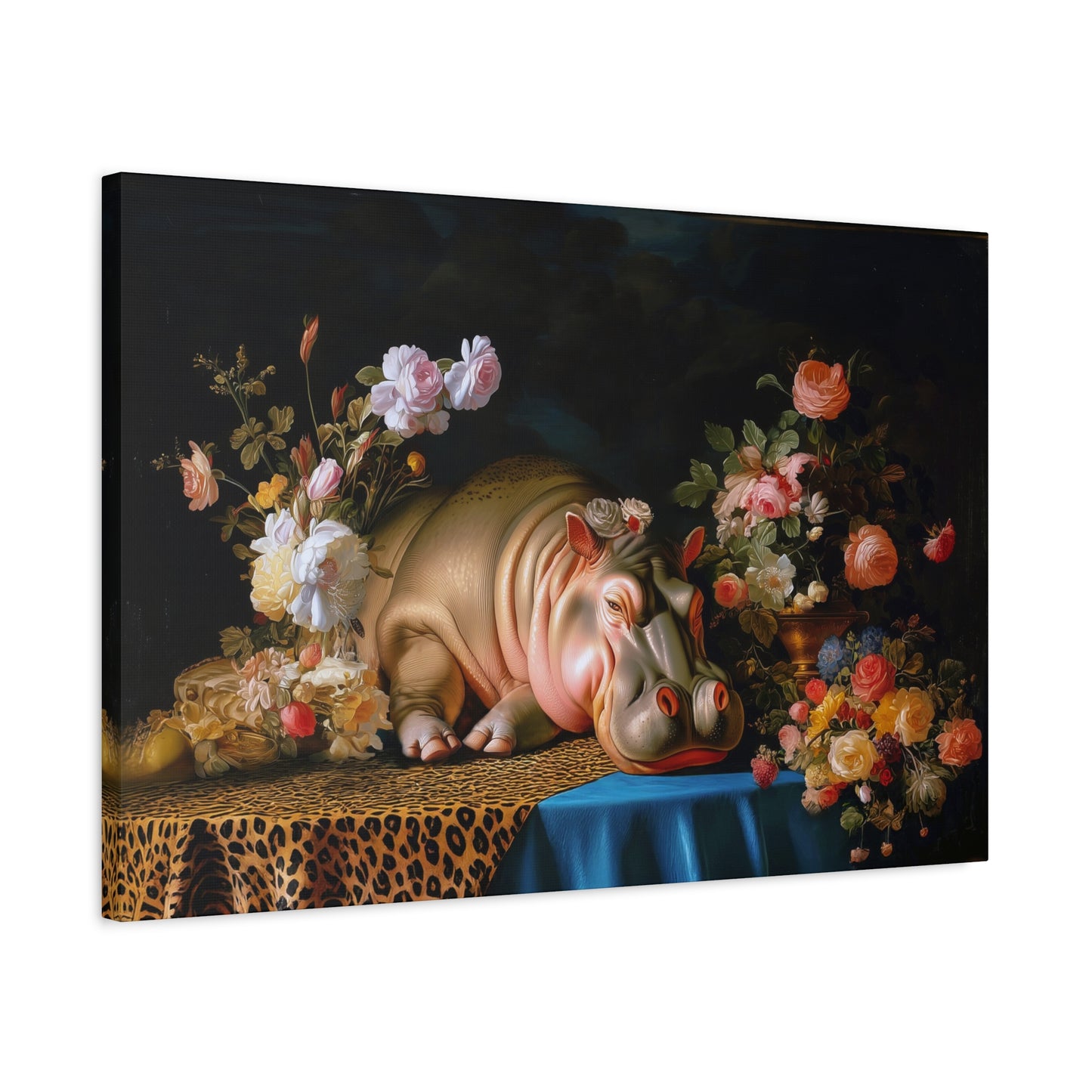 Whimsical Hippo Canvas Art, Tranquil Home Decor Fine Art Print, Animal Wall Art, Unique Gift, Floral Decor, Cheetah Print