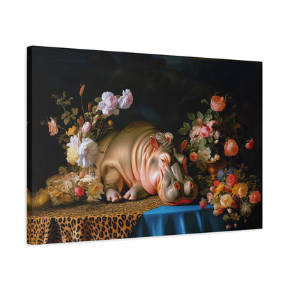 Whimsical Hippo Canvas Art, Tranquil Home Decor Fine Art Print, Animal Wall Art, Unique Gift, Floral Decor, Cheetah Print