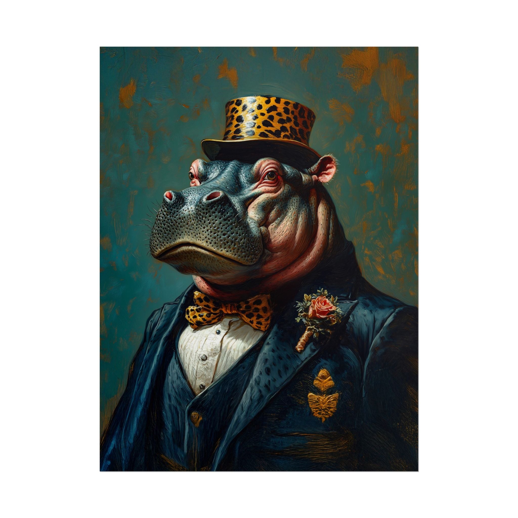 Hippopotamus dressed in formal attire with a top hat and bow tie against a textured background