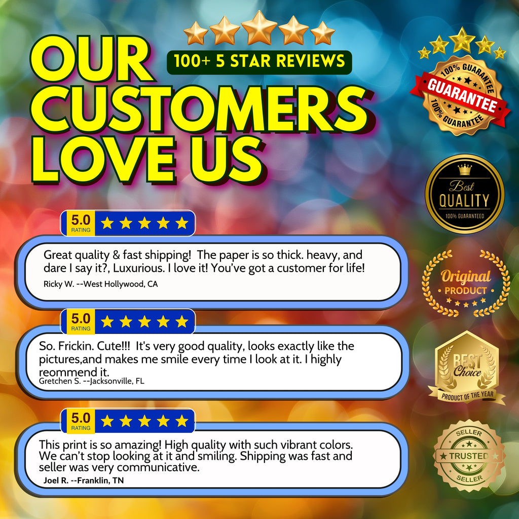 Promotional graphic with customer reviews and badges on a colorful background