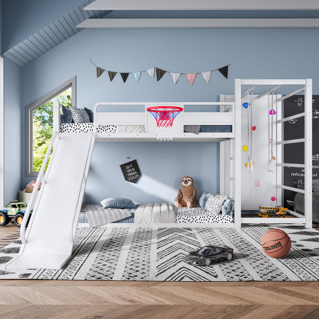 Twin size metal loft/bunk bed with basketball hoop, pull-up rings, climbing wall, and built-in bookshelves. Playful children's design featuring a slide,White