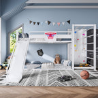 Twin size metal loft/bunk bed with basketball hoop, pull-up rings, climbing wall, and built-in bookshelves. Playful children's design featuring a slide,White