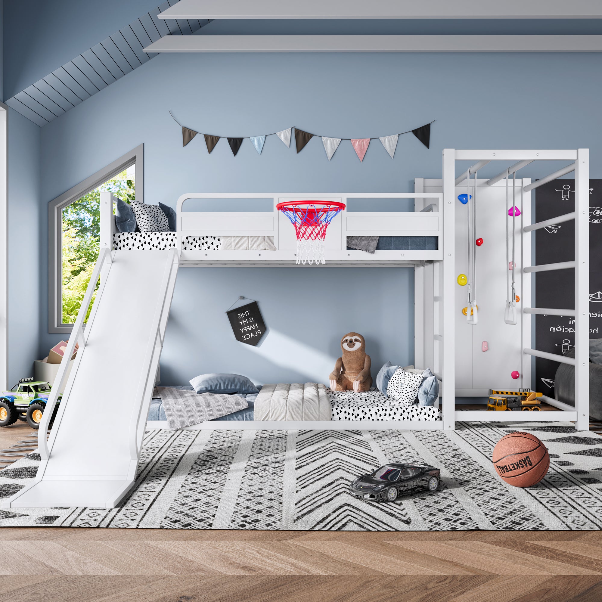 Twin size metal loft/bunk bed with basketball hoop, pull-up rings, climbing wall, and built-in bookshelves. Playful children's design featuring a slide,White