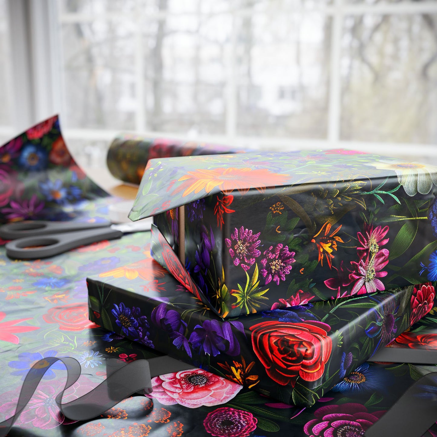 Stunning Floral Display Gift Wrap, Chic and Sophisticated Dark Floral Wrapping Paper Rolls