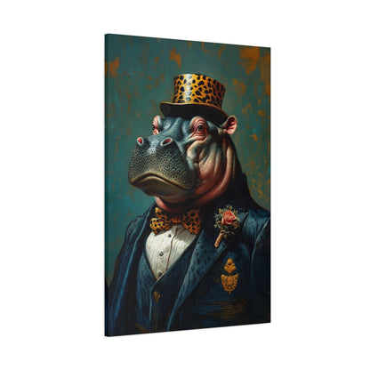 Dapper Hippo Canvas Art Print | Giclée Portrait of Hippo in Bow Tie & Top Hat | Whimsical Decor