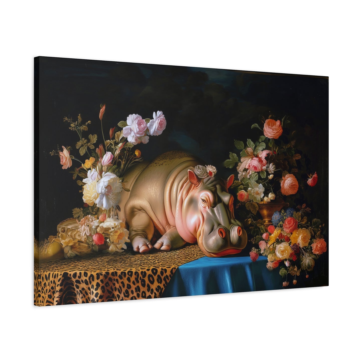 Whimsical Hippo Canvas Art, Tranquil Home Decor Fine Art Print, Animal Wall Art, Unique Gift, Floral Decor, Cheetah Print