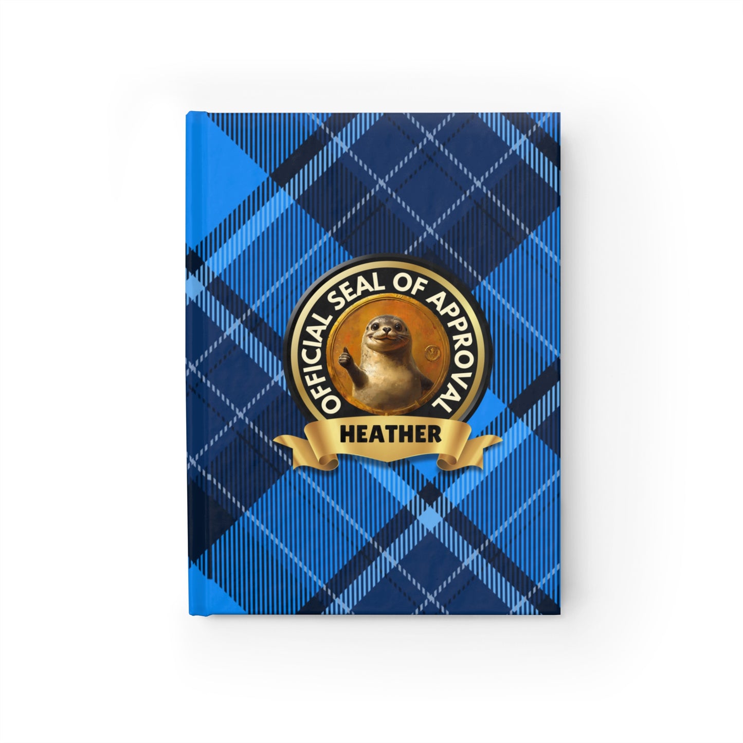 Custom Name "Seal of Approval" Journal Blue Plaid | Personalized Funny Pun Hardcover Notebook | All Ages Gift Diary