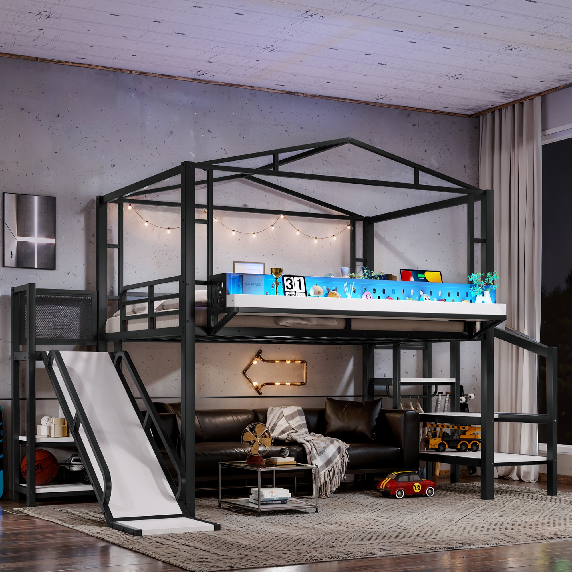 Loft Bed Full Size, Black, Metal Frame With USB Ports And LED Lights