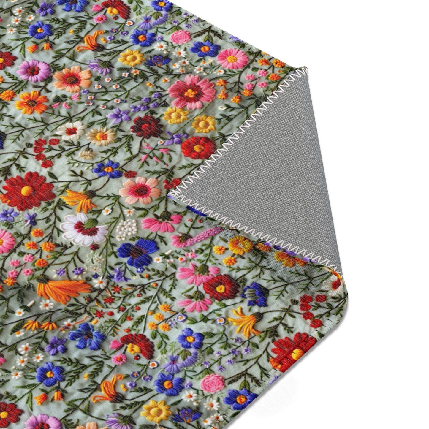 Faux Embroidered Flowers on Linen Area Rugs