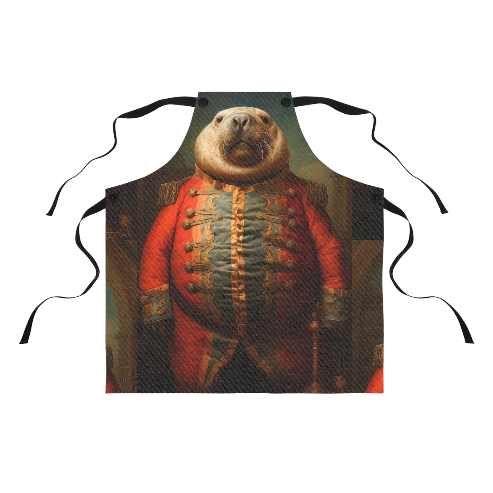 A chef's apron with a central design of a Victorian sea lion wearing a military uniform, set against a predominantly red background.