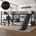 L-Shaped Metal Bunk Bed (Top bed:Full/FullXL, bottom bed: Queen) with Twin XL Loft Bed, Desk, and Storage Shelves,USB Charging Port Included - Metal Triple Bunk Bed with Slide,Black
