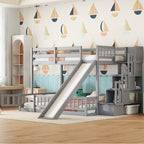Twin Over Full Bunk Bed with Slide, Storage Staircase, Pine Solid Wooden Bunk Bed with Safety Guardrails ,Grey