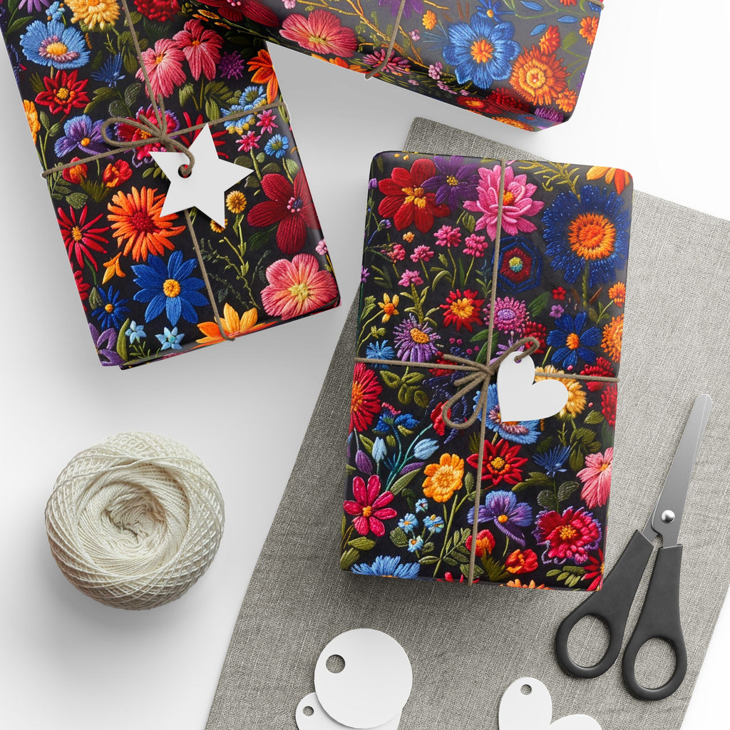 Embroidery Flowers Wrapping Paper Rolls |  Dark Background Floral Gift Wrap