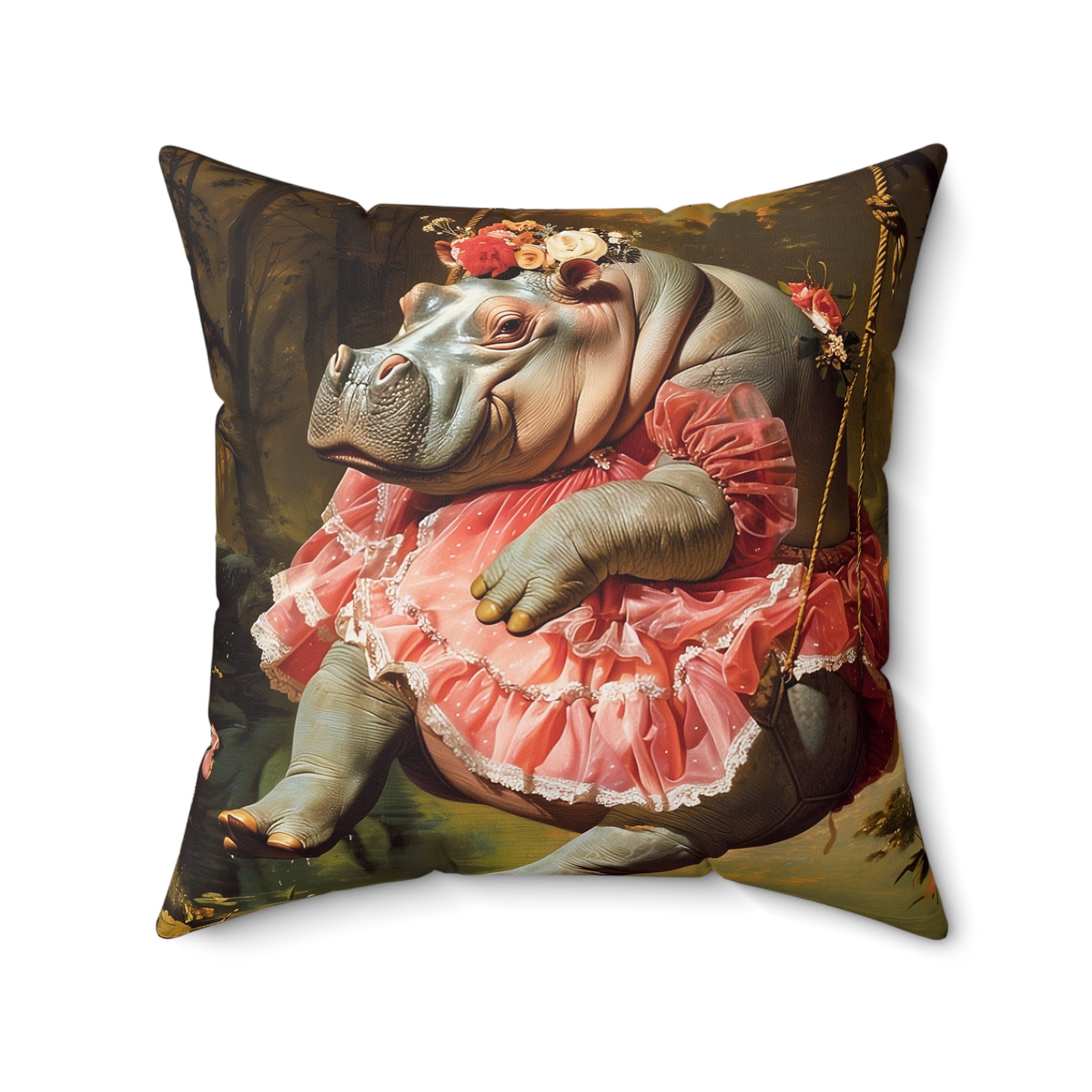 Faux Suede Square Pillow | Renaissance Hippo on Swing