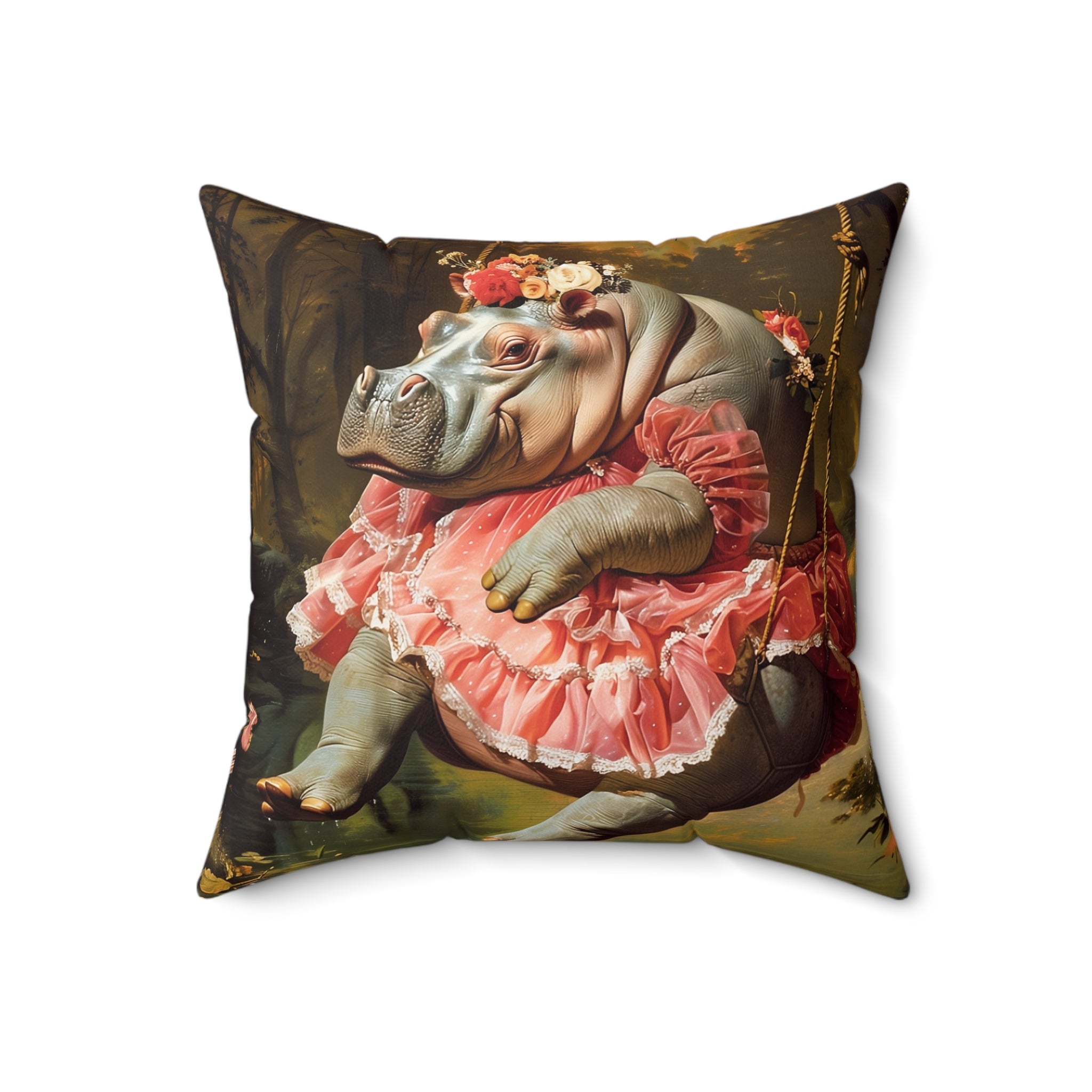 Faux Suede Square Pillow | Renaissance Hippo on Swing