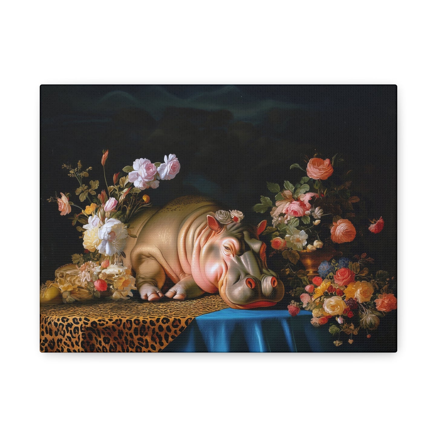 Whimsical Hippo Canvas Art, Tranquil Home Decor Fine Art Print, Animal Wall Art, Unique Gift, Floral Decor, Cheetah Print